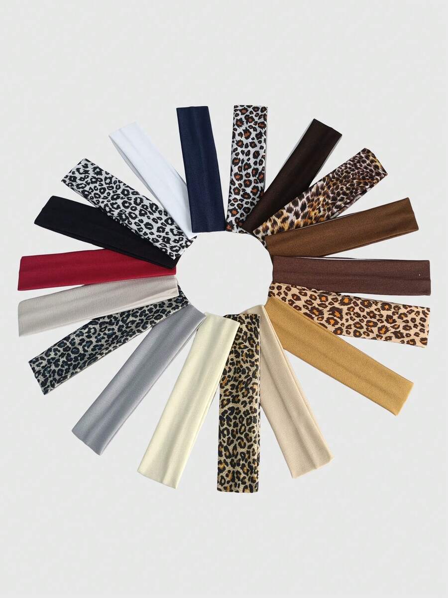ROMWE Kawaii 18 Buah Bando Wanita Motif Leopard Retro Amerika + Warna Polos, Gaya Jalanan Cocok Sebagai Aksesori Rambut Wanita untuk Penggunaan Sehari-hari dan Olahraga - Cetak macan tutul multi-warna - View 1
