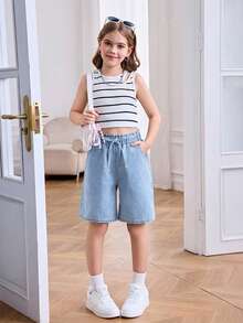 SHEIN Tween Girl Summer Casual Wide Leg Denim Shorts - Light Wash - View 3