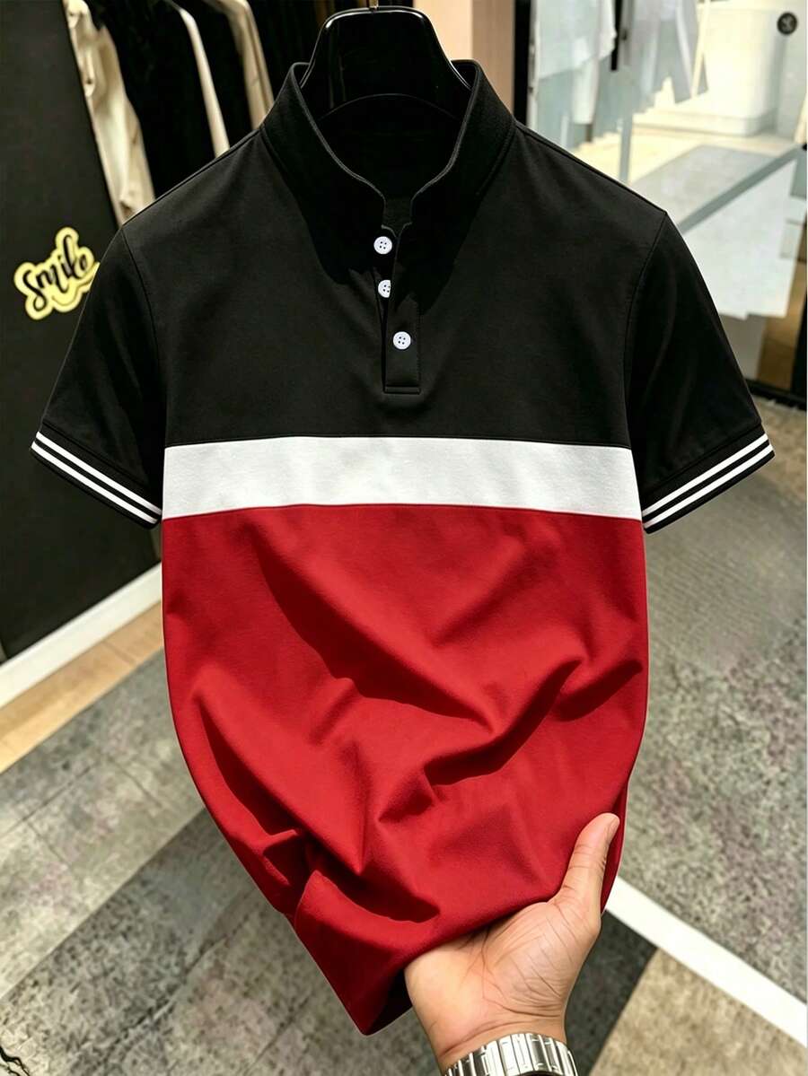 Manfinity Mode 男士休閒拼接配色短袖POLO衫,夏季高爾夫POLO衫時尚款,正式、儀式感 - 紅色 - 查看 1