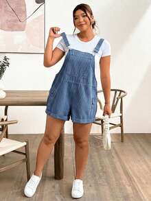 Lounesse Plus Size Women's Striped Casual Daily Denim Romper - Medium Wash - View 3