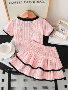 Genkimix Kids 女童刺繡圓領短袖紋理針織T恤與甜美蛋糕裙套裝，適合日常休閒、清新夏季度假、海灘、出遊的可愛甜美穿搭 - 粉色 - 查看 2