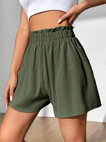 Flirla Women's Solid Color Ruffle Waist Casual Shorts - Army Green - View 3