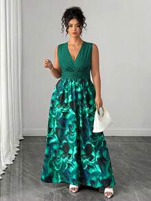 SHEIN LUNE Robe d'été décontractée de vacances, style rétro français élégant, col V, imprimé floral vert, patchwork - Vert - Voir 5