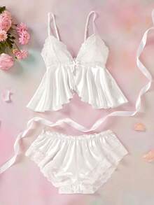 Elorette Women's Lace Trimmed Bowknot Decor Sexy Lingerie Set - White - View 2