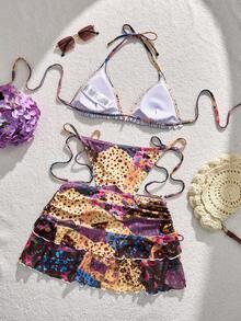 Swim Mod Summer Women's 3-Piece Multi-Color Patchwork Ditsy Floral Lace Trim Tie-Up Triangle Cup Bikini Set With Drawstring Ruched Mini Skirt Swimsuit Set - Multicolor - View 2
