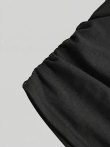 SHEIN Girlism Tween Girl Black Summer Basic Casual School Fitted Crew Neck Short Sleeve T-Shirt With Side Ruching & Hair Scrunchie,Stylish Girly Style Holiday Tops - Black - View 3