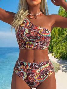 Swim Vcay Women's All-Over Print Asymmetric Neckline Bikini Set - Multicolor - View 1