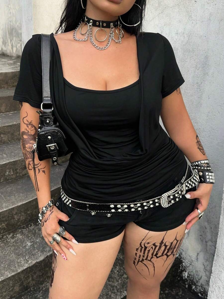 POPSWAY 大尺碼夏季度假優雅外出上衣 女款歐美新款性感百搭寬領設計抓皺針織面料短袖T恤 修身顯瘦2合1拼接風上衣 - 黑色 - 查看 1