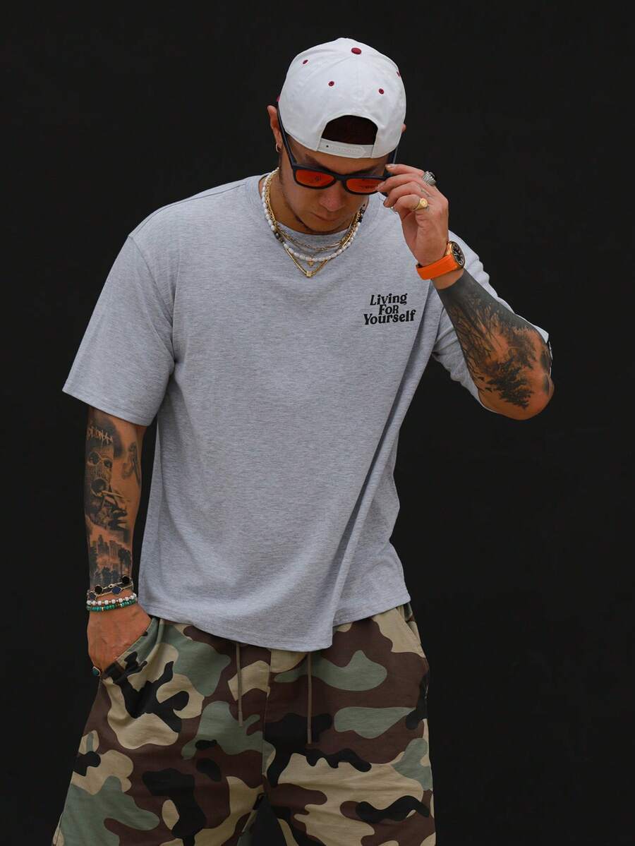 DAZY 男士短袖灰色花卉字母印花T恤 - 灰色 - 查看 1