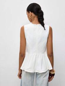 Maija White Round Neck Sleeveless Summer Fall Women's Top With Ruffle Hem Urban Business Casual Minimalist Elegant Basic Festival Golf Work Office Brunch - White - View 4