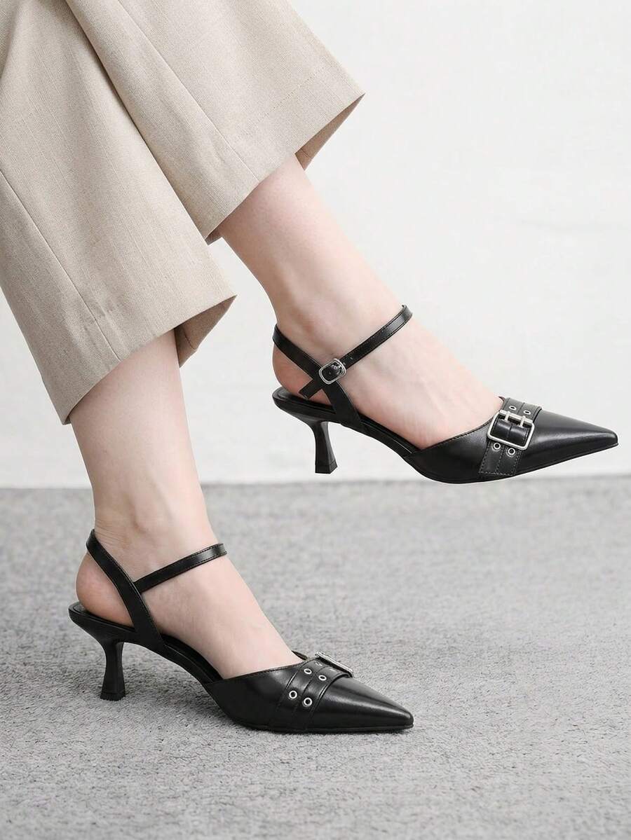 CUCCOO BIZCHIC Elegant Black Slingback Pumps For Women With Pointed Toe Buckle Accent And Kitten Heel - Black - View 1