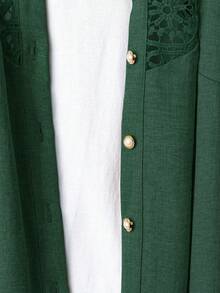 EMERY ROSE Plus Size Women's Solid Color Linen Blend Round Neck Lace Patchwork Full Button Front Mid-Sleeve Casual Elegant Comfortable Shirt + Pants 2pcs Set - Dark Green - View 5