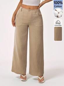SHEIN PETITE 100% Washed Cotton Low Waist Straight Pants ,Petite Women - Khaki - View 2