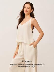 LUVLETTE 女款亞麻透氣夏季睡衣家居服套裝 無袖細肩帶V領上衣搭配寬腿長褲 - 米色 - 查看 9