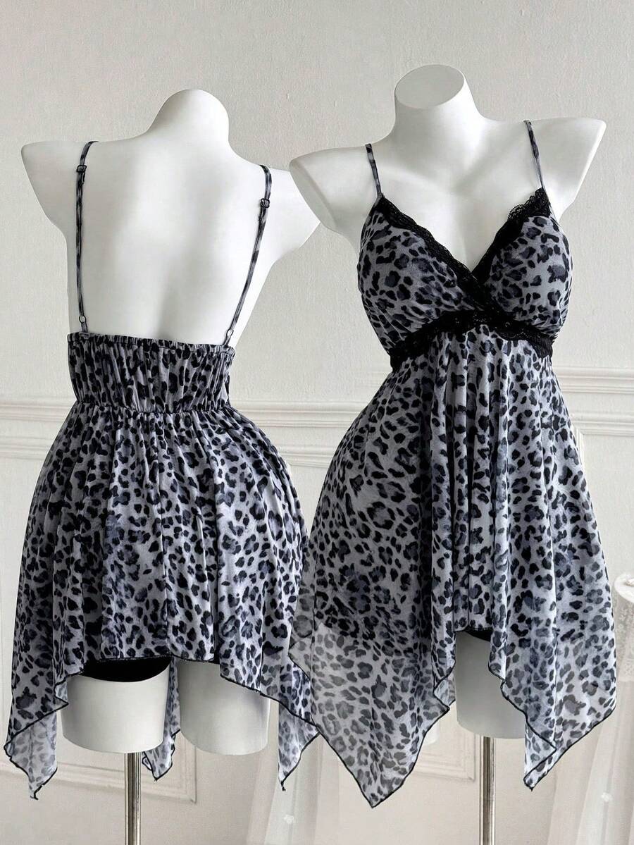 Sweetra Plus Size Leopard Print Lace Trim Asymmetric Hem Women Tank Top - Multicolor - View 1