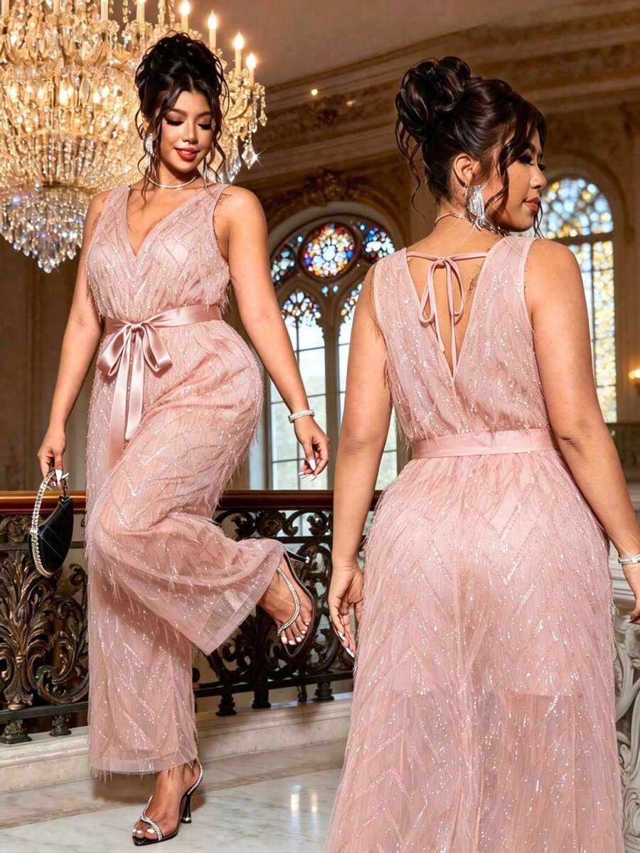 Cravure Damen Große Größen Neuer eleganter Party-Jumpsuit mit Fransen, V-Ausschnitt, Schleife, Rückenausschnitt, Frühling/Sommer - Pink - Übersicht 1