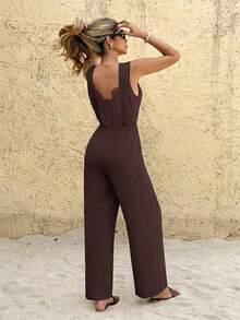 SHEIN Frenchy Women's Solid Color Round Neck Back Contrast Lace Sleeveless Elegant Jumpsuit - Coffee Brown - View 8