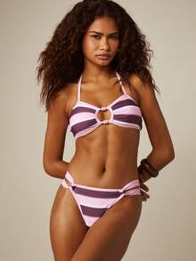 MISSGUIDED Striped Halter Bikini Top With Ring Detail Cut-Out Front And Tie Back Summer Beach Swimwear - Pink - View 1