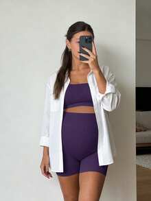 SHEIN Maternity Summer Solid Color Elastic Breathable Sports Bra And Shorts Set - Purple - View 5