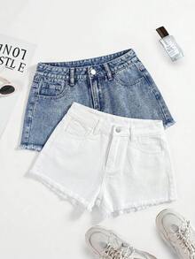 SHEIN 2pcs Blue & Black Denim Fitted Shorts For Teen Girls - Multicolor - View 3