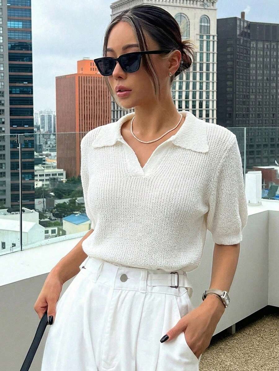 DAZY 條紋POLO領短袖休閒春夏女款針織上衣 - 白色 - 查看 1