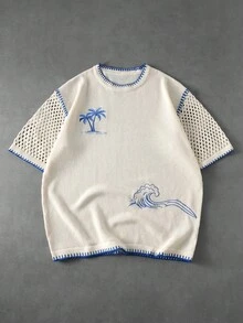 ROMWE MEN Men's Coconut Tree Pattern Casual Versatile Daily Wear Knit Top - Beige - View 1