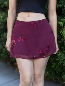 Andrea Bello New Chinese-Style Sexy Sheer Embroidered Green Short A-Line Skirt For Women Summer - Burgundy - View 4
