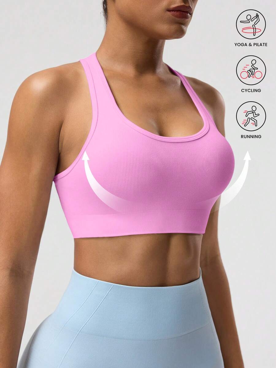Seamluxe SHEIN Sport Women's Solid Color Sleeveless Cropped Sports Tight Yoga Racerback Tank Top - Pink - View 1
