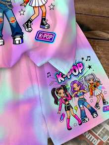 青少年女孩卡通女團K-Pop巨星短袖T恤與短褲2件組，適合夏季，可愛圖案，紮染 - 彩色 - 查看 5