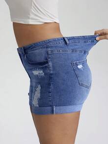 SHEIN CURVE+ Plus Size Summer Casual Washed Distressed Slim Fit Denim Shorts - Dark Wash - View 3