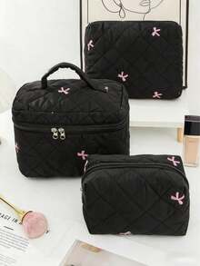 SHEIN 化妆包旅行洗漱用品拉链袋蝴蝶结刺绣绗缝防水轻便化妆品收纳袋便携大容量女士度假浴室必需品 - 黑色 - 查看 17