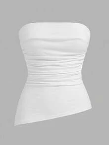 Tseoso Women's Solid Color Pleated Split Design Casual Versatile Daily Outing Tube Top - White - View 8