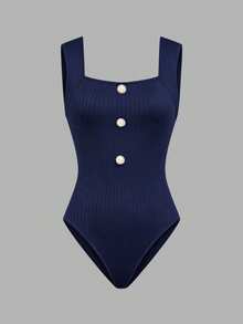 GlowEve Women's Solid Color Button Design Casual Tank Top Bodysuit - Navy Blue - View 4