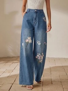 Anewsta Celana Jeans Denim Biru Muda Wanita Musim Semi, Bordir Bunga Baru, Denim Cuci, Serbaguna, Kasual, untuk Perjalanan, Potongan Lurus - Medium Wash - View 5
