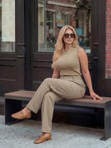 Calvaya Plus Size Women Autumn Elegant Commuter Pleated Tapered Leg Pants Gym Brown - Khaki - View 5