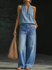 EMERY ROSE Jeans casuales de uso diario con bolsillos y botones para mujer - Azul - Ver 3