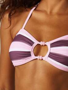 MISSGUIDED Striped Halter Bikini Top With Ring Detail Cut-Out Front And Tie Back Summer Beach Swimwear - Pink - View 2