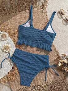 Swim Vcay Women's Beach Vacation Solid Color Textured Fabric Sweet Ruffle Drawstring Ruched High Waist Tank Bikini - Blue - View 2