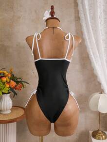 Swim Chiccia Swim Chicsea-D 女款春夏季純色對比細肩帶3D花朵裝飾連身泳衣 - 黑與白 - 查看 3