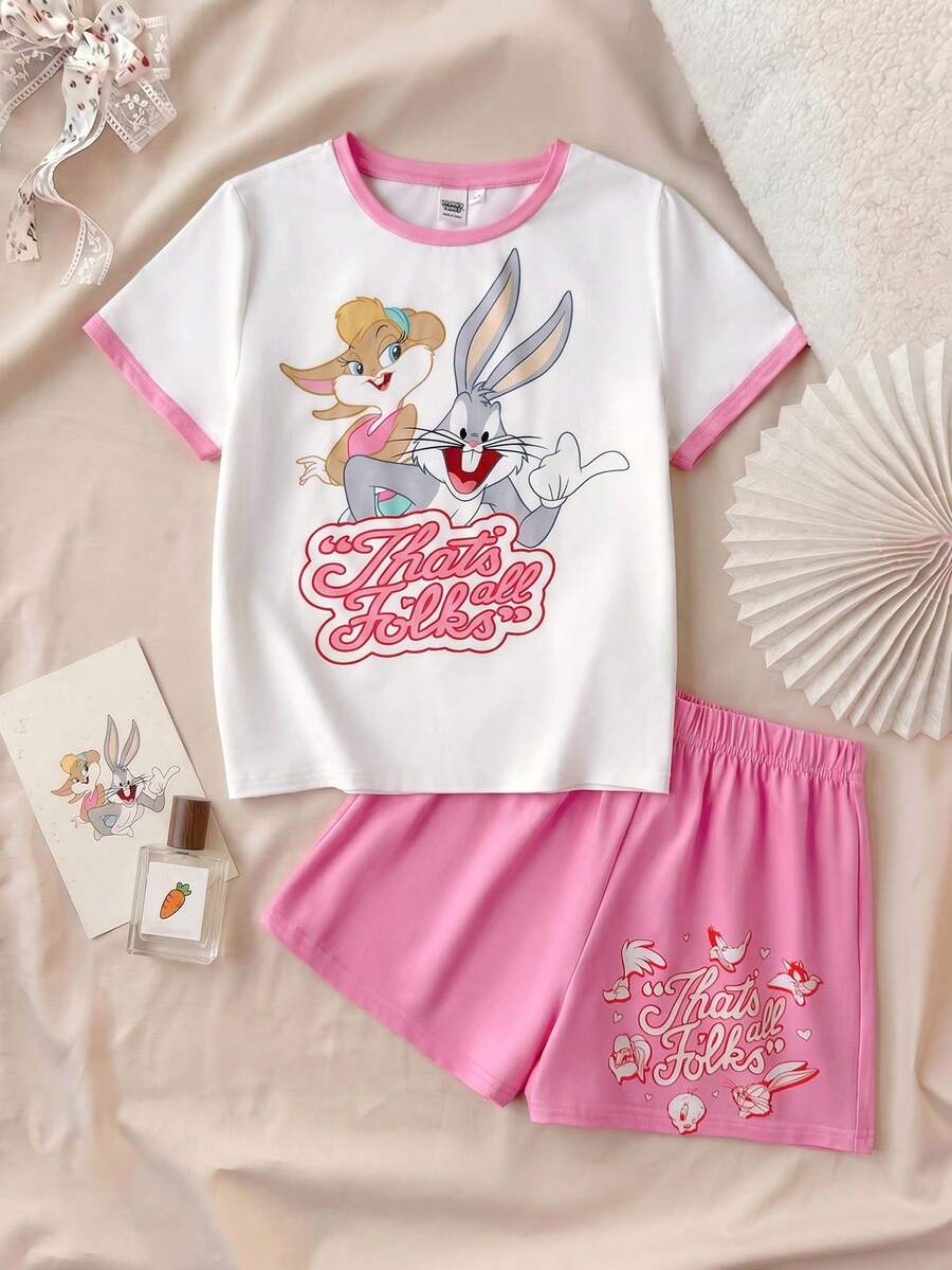 LOONEY TUNES X SHEIN 青少年女孩字母印花短袖T恤與短褲家居服 - 粉色 - 查看 1