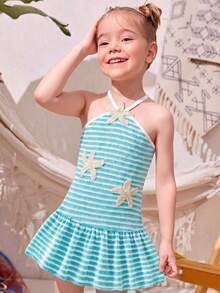 SHEIN Elladie kids 少女 YK2 夏季韓風新款時尚甜美細肩帶露背彩虹條紋可愛度假洋裝 - 藍色 - 查看 4