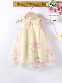 SHEIN Elladie kids 嬰兒印花網紗覆蓋連衣裙 - 黃色 - 查看 2