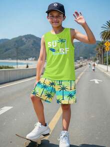 Tween Boy Casual Comfortable Fashion Minimalist Crew Neck Tank Top And Shorts Set Sets Squishy Vacation Beach Casual Cozy Graphic Tank Top Matchingset - White - View 5