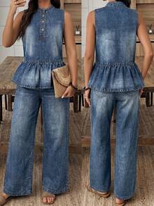 EMERY ROSE EMERY ROSE Women's Pastal Washed Summer Casual Sexy Denim Two-Piece Set, Sleeveless Henley Neck Peplum Top High-Waisted Wide Leg Pants Co-Ord Suit Swimming - Blue - View 3