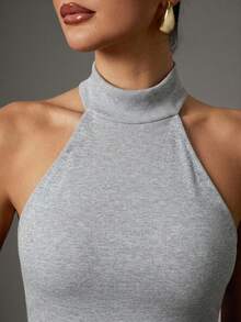 Hauture Women's Solid Color Halter Neck Slim Fit Versatile Daily Outing Top - Grey - View 2