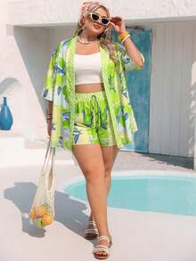 Vivid Eden Plus Size Women's Fruit Print Half Sleeve Top And Drawstring Waist Shorts Casual Vacation 2-Piece Set Green Summer - Green - View 3