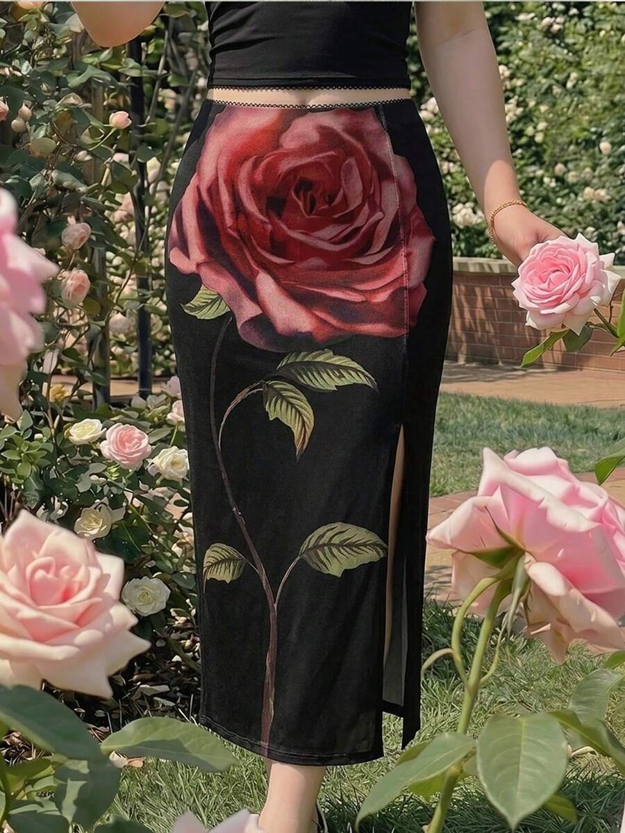 SHEIN MOD 大尺碼黑色局部印花A字裙、黑色直筒裙,百搭度假穿搭,優雅浪漫印花 - 黑色 - 查看 1