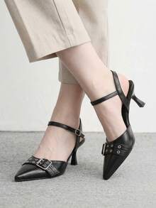 CUCCOO BIZCHIC Elegant Black Slingback Pumps For Women With Pointed Toe Buckle Accent And Kitten Heel - Black - View 3