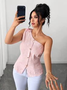 Elenzga Áo không tay cỡ lớn dành cho nữ, Áo vest jacquard thắt nơ hồng, Áo tank top ôm dáng cài khuy ngọc trai, Áo kiểu trễ vai hở vai, Áo sơ mi mùa hè jacquard cài khuy ngọc trai ở eo, Phong cách Pháp dịu dàng, Áo tank top mùa hè ôm dáng Pure Desire, Áo mùa hè dành cho nữ, Kỳ nghỉ, Du lịch, Áo nữ thanh lịch - Hồng - Xem 4