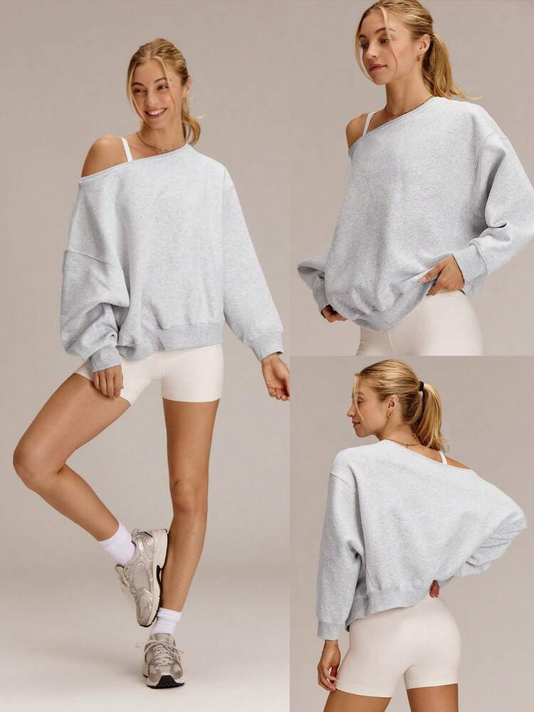 Everyday Fleece Shine Bright Soft Warm Lightweight Oversized Off-The-Shoulder Pullover Sweatshirt Autumn Winter Outdoors Daily Casual Wear